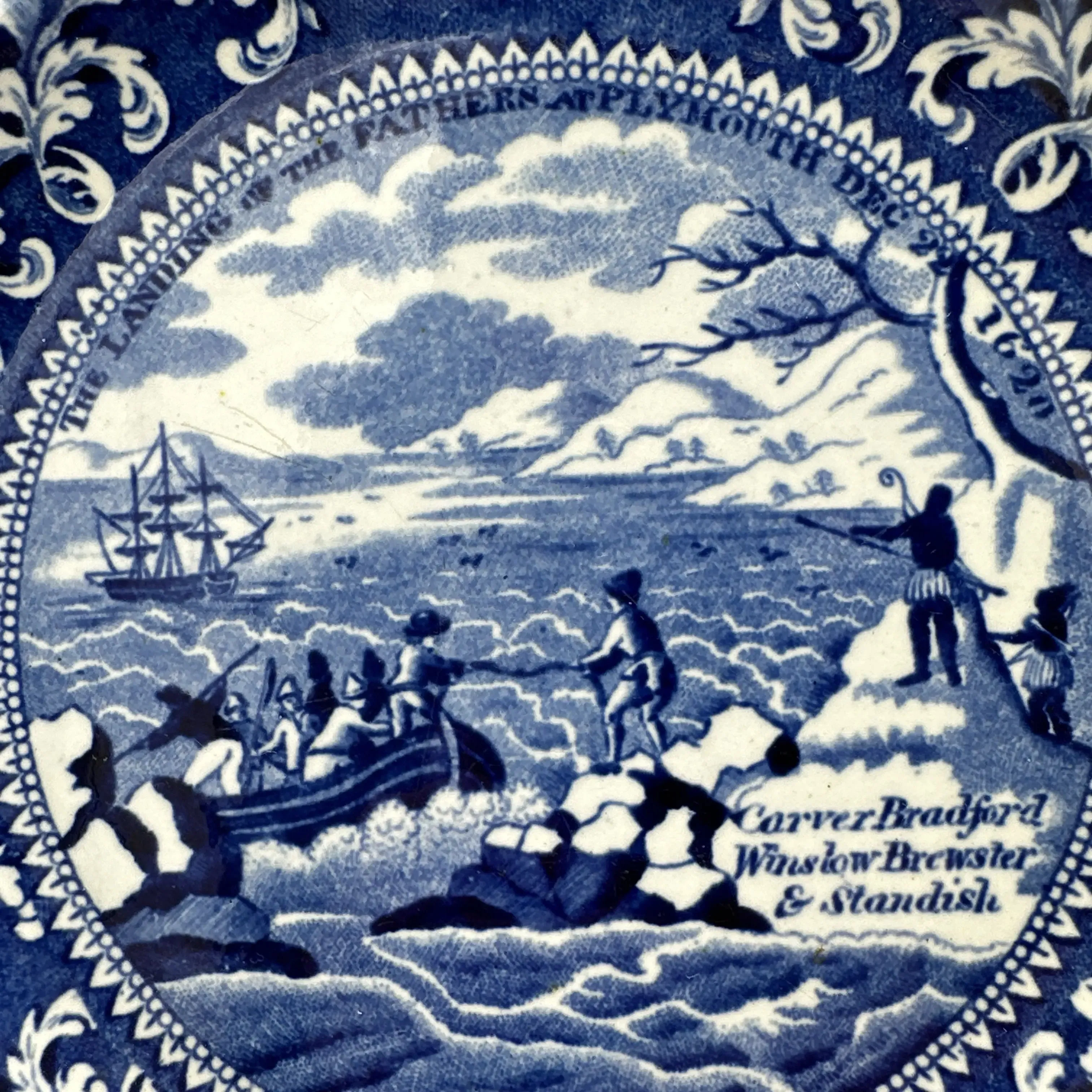 Historical Staffordshire blue plates c1825 commemorating the landing at Plymouth and four other historical events