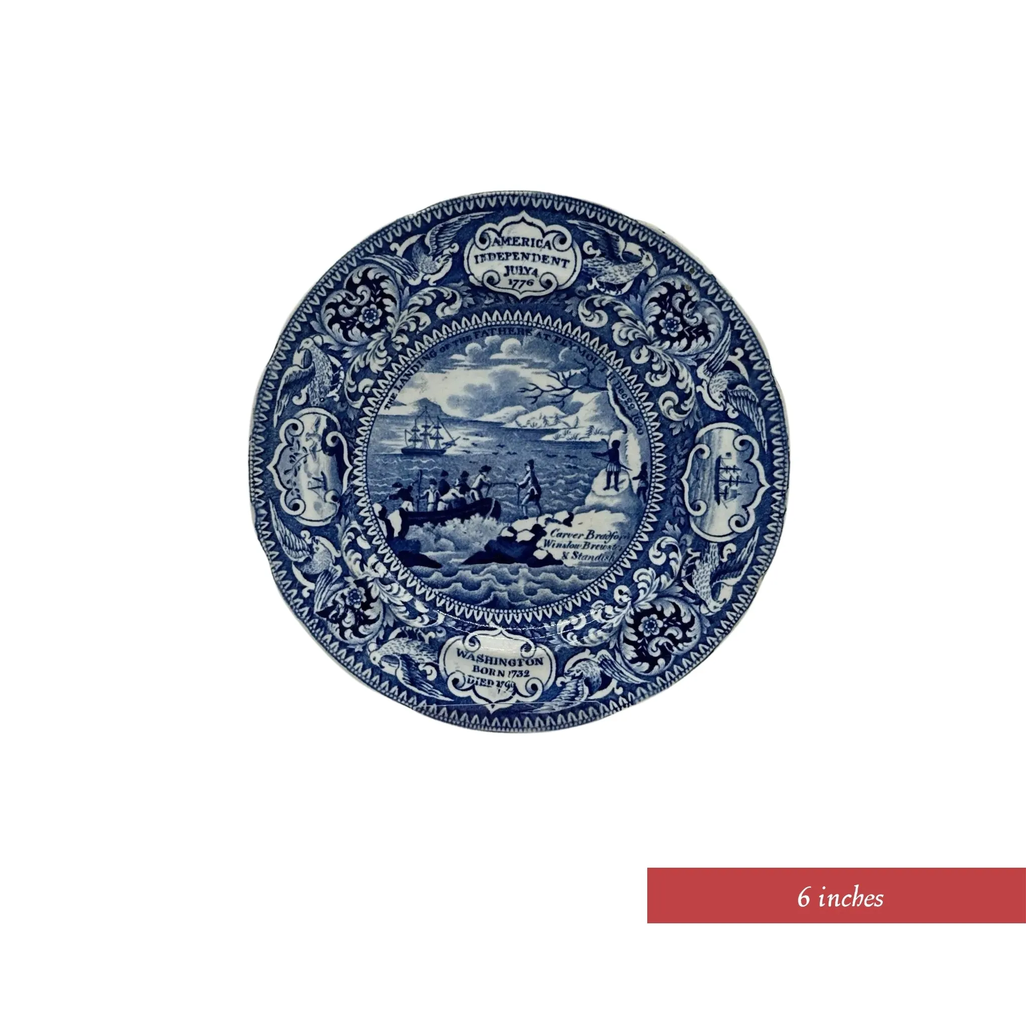 Historical Staffordshire blue plates c1825 commemorating the landing at Plymouth and four other historical events