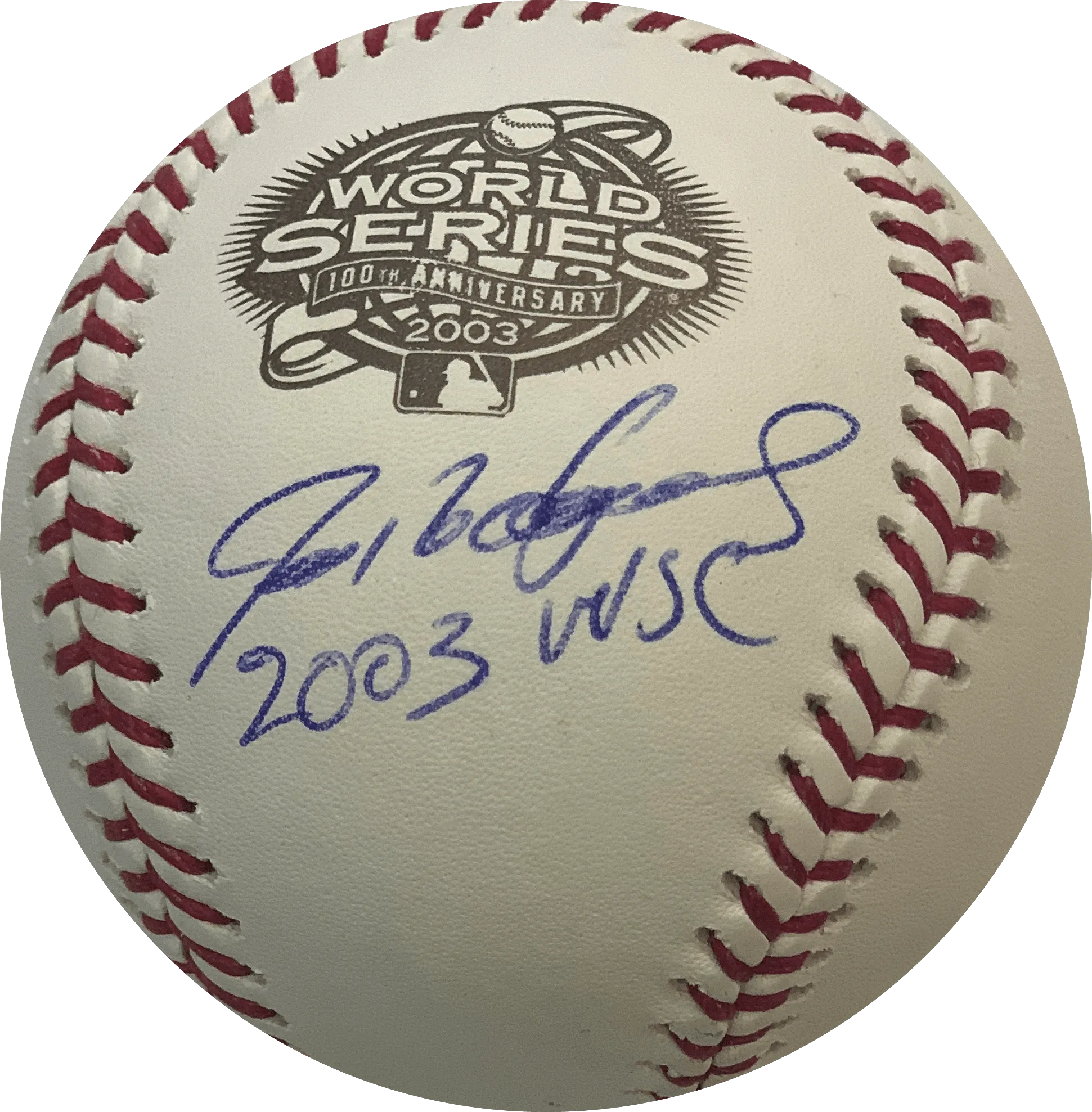 Ivan Rodriguez Autographed Rawlings 2003 World Series Baseball Official Baseball (JSA) w/ W.S. Champs Inscription