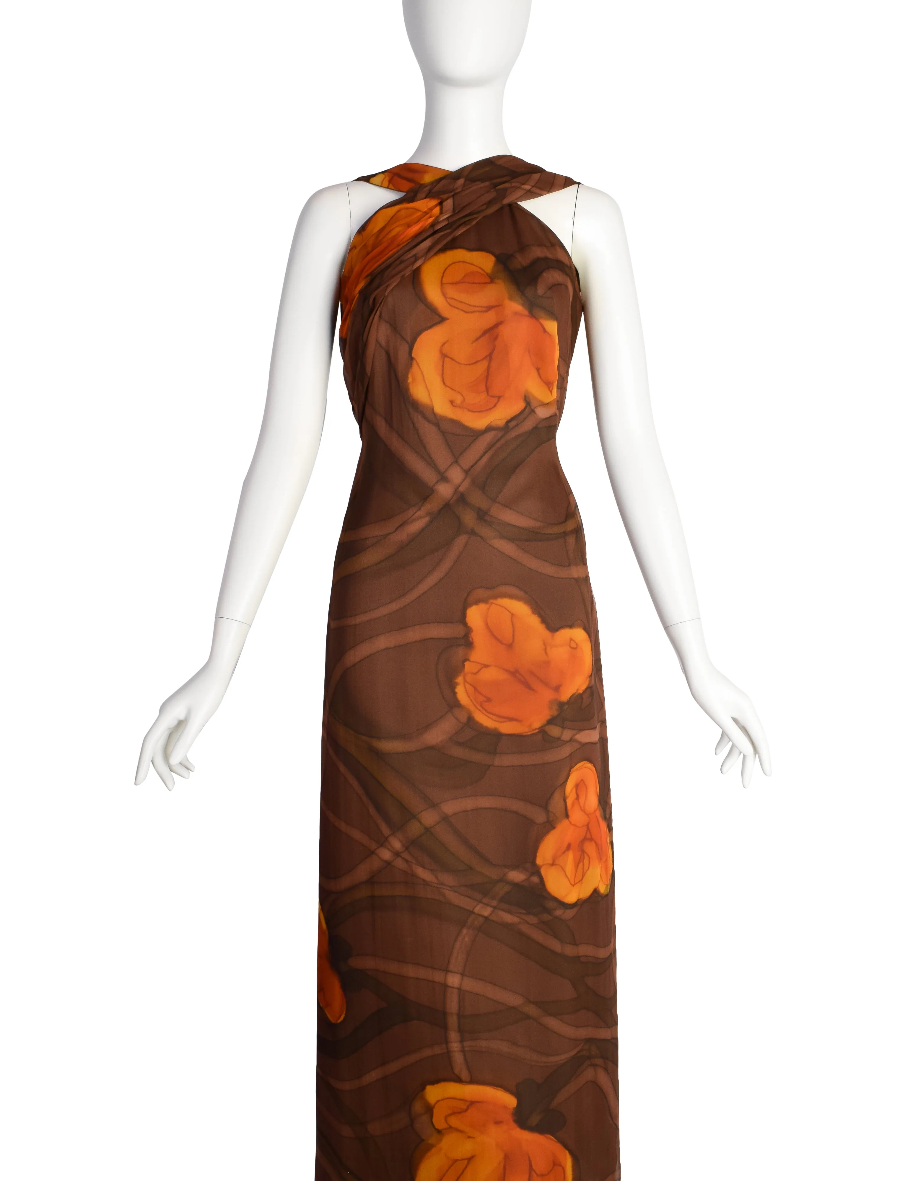 John Cavanagh Vintage 1960s Brown Floral Hand Painted Silk Chiffon Gown