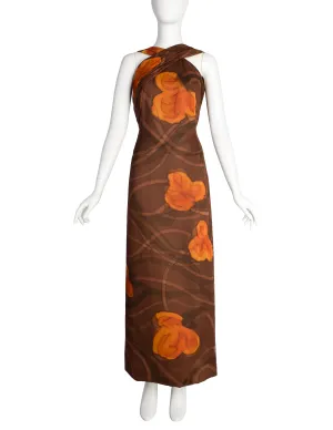 John Cavanagh Vintage 1960s Brown Floral Hand Painted Silk Chiffon Gown