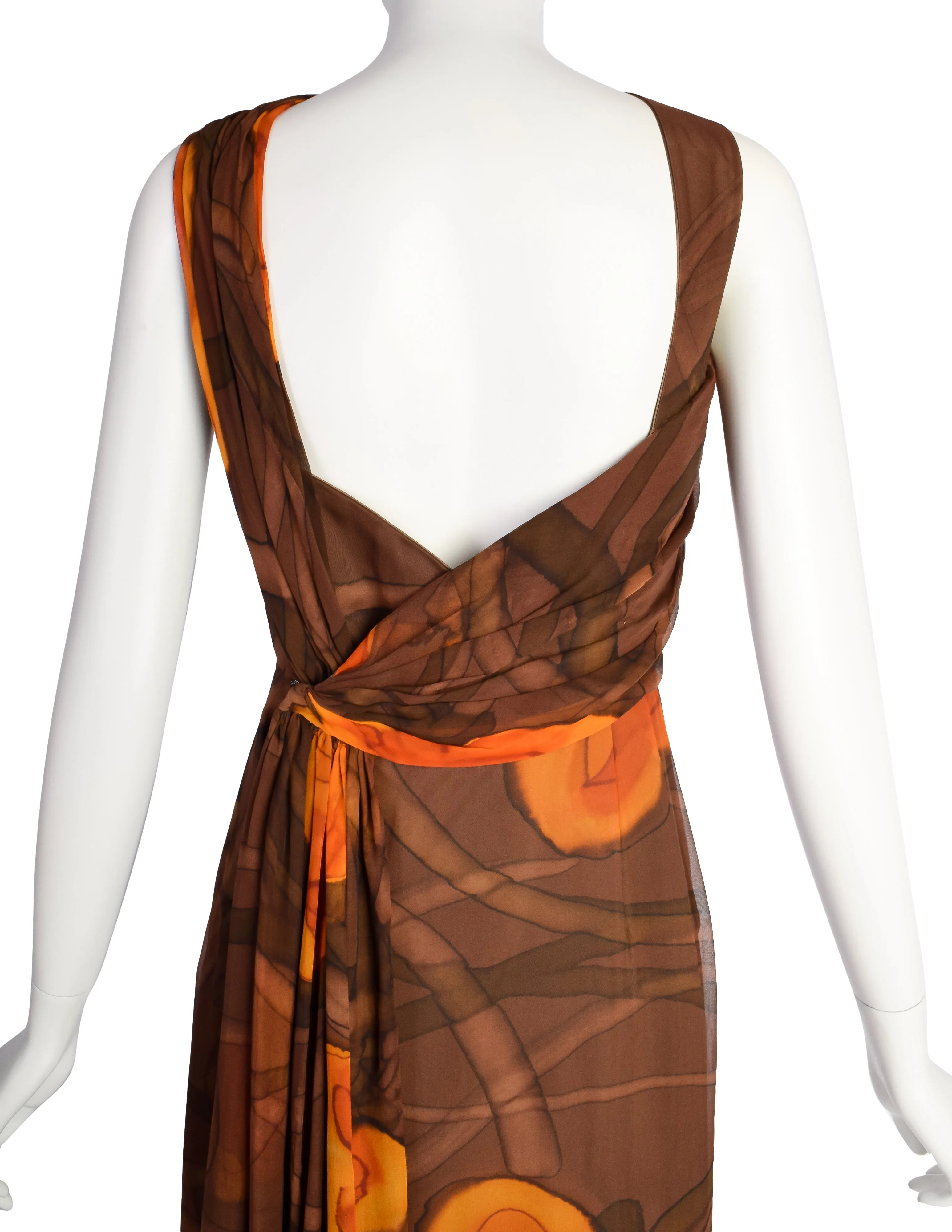 John Cavanagh Vintage 1960s Brown Floral Hand Painted Silk Chiffon Gown