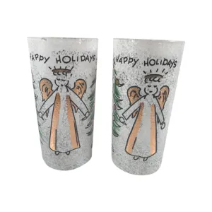 John Sutton Signed Mid-Century Angel and Christmas Tree Flocked Glasses (Set of 2)