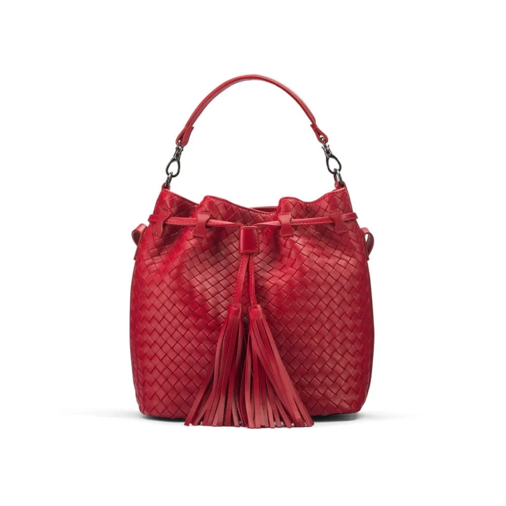 Kelly Woven Leather Bucket Bag - Red