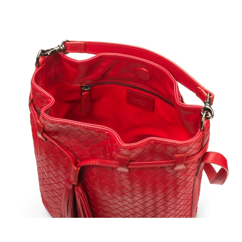 Kelly Woven Leather Bucket Bag - Red