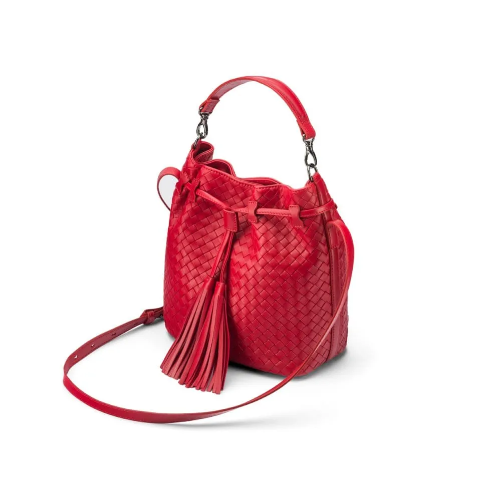 Kelly Woven Leather Bucket Bag - Red