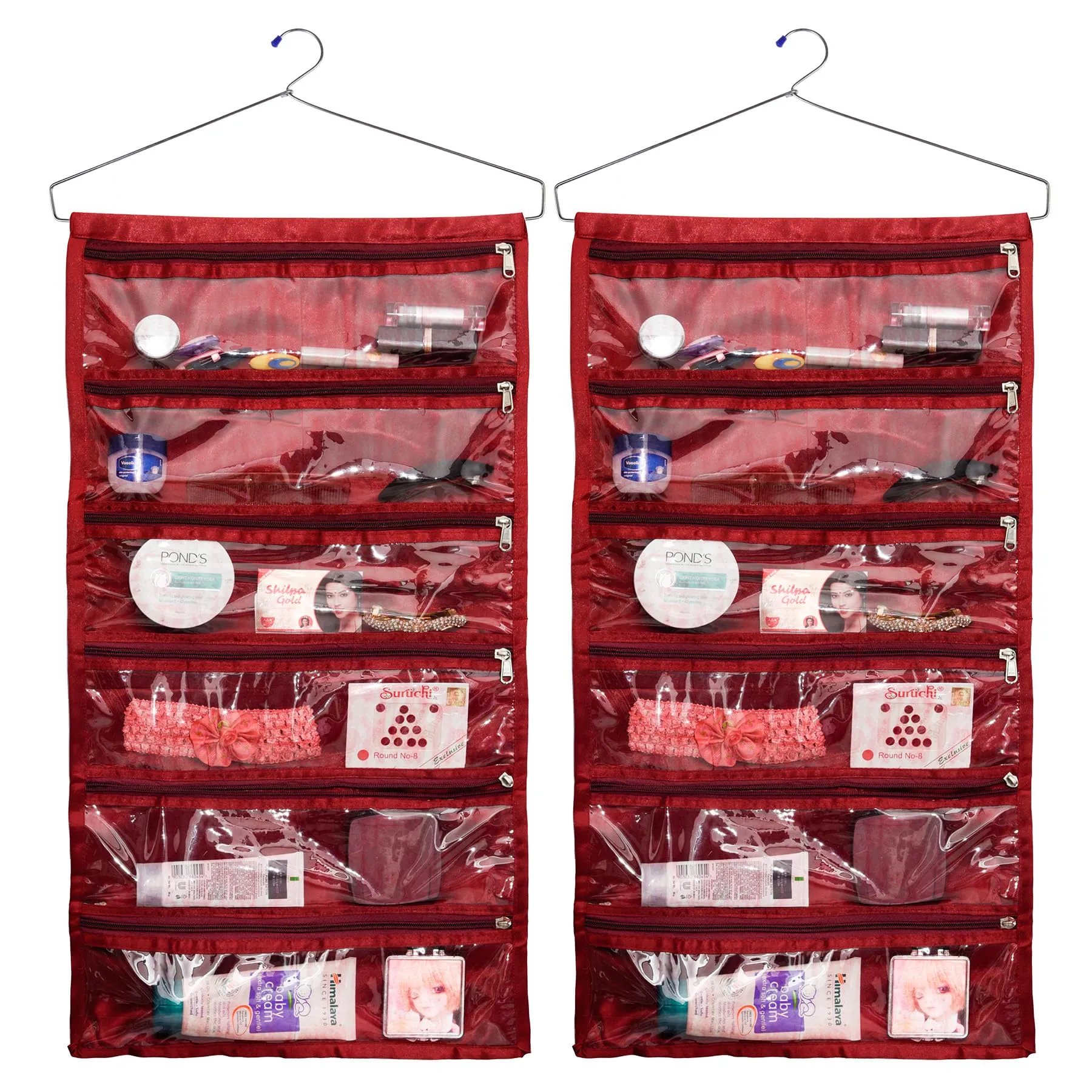 Kuber Industries Hanging Organizer | Satin Storage Hanger | 6 Pocket Hanging Organizer | Storage Organizer with Hanger | Jewellery Kit | Jewellery Hanging Organizer | Pack of 2 | Maroon