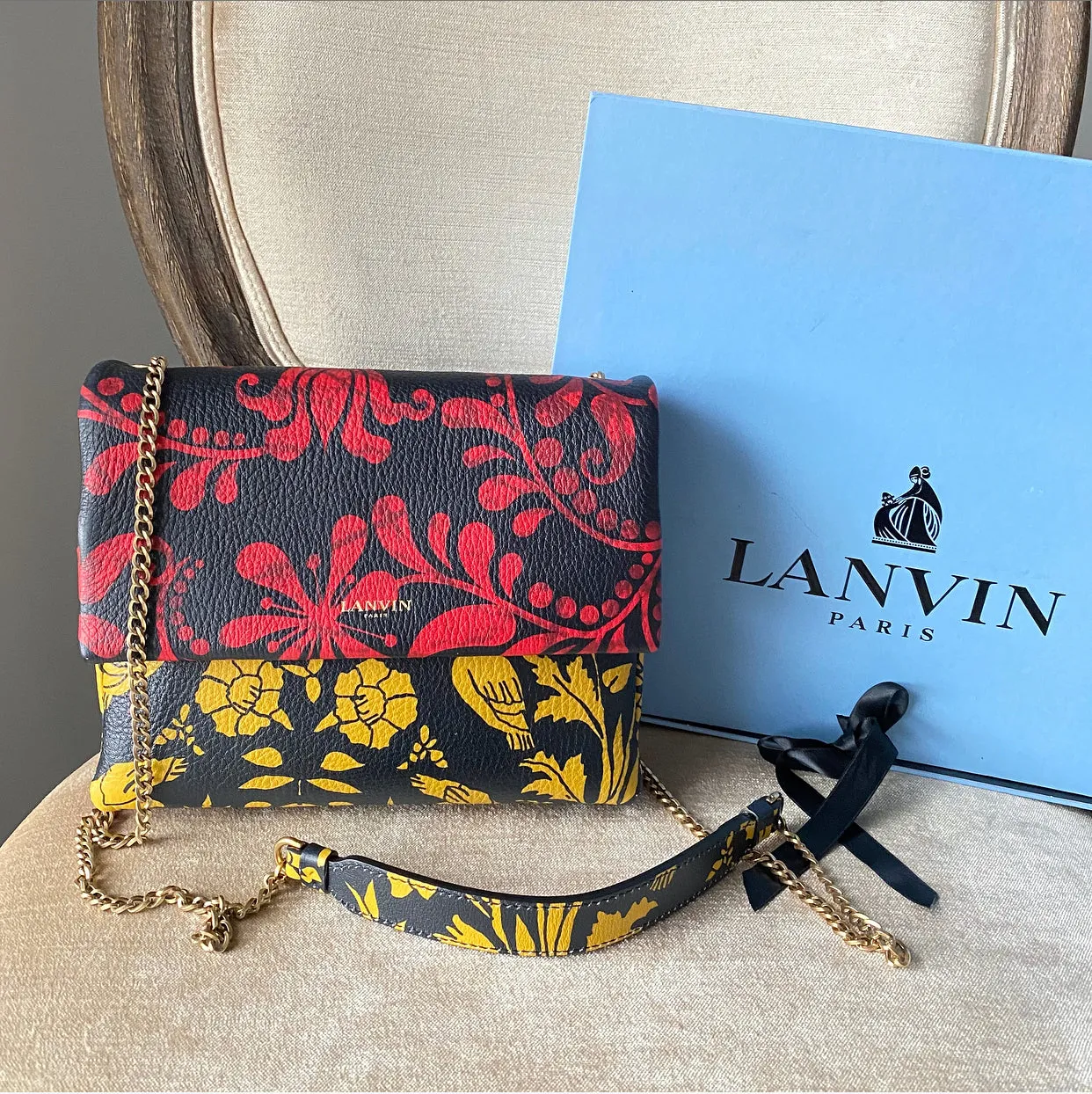 Lanvin Red and Yellow Floral Crossbody Leather Small Bag