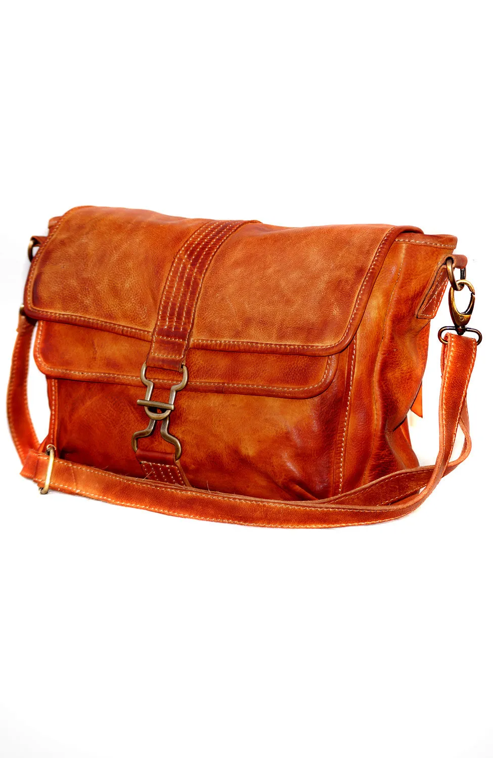 Leather Double Flap Washed Waxed Across Body Bag