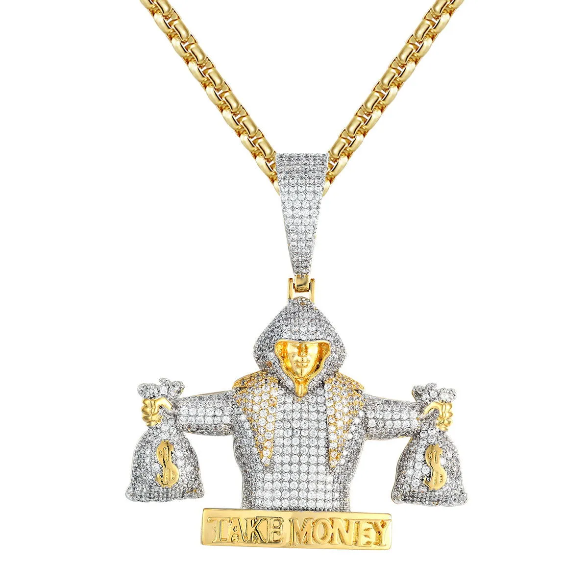 Man Holding Take Money Dollar Bag 14K Gold Tone Icy Pendant