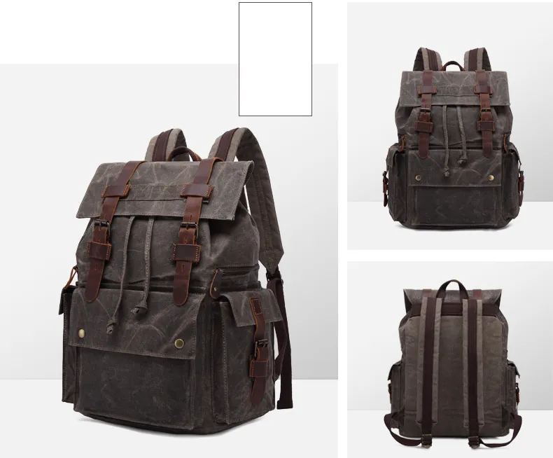 Men Waterproof Leather Canvas Outdoor Backpack 5358