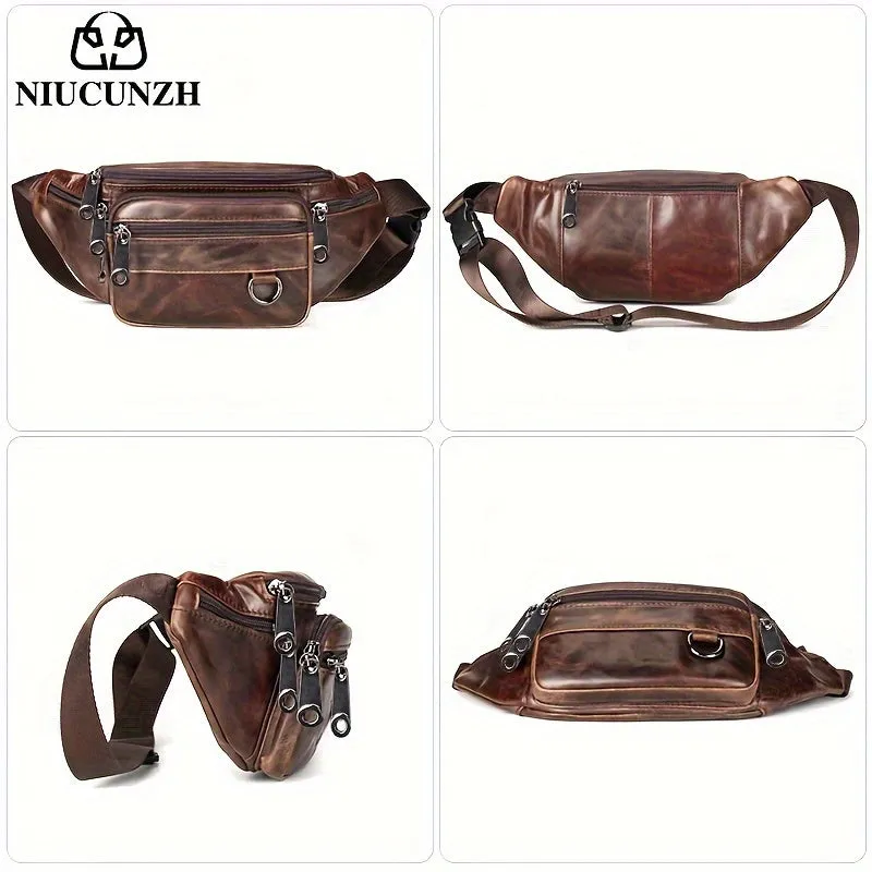 Men's Genuine Leather Multi-Pocket Waist Bag, Multifunctional Sports Shoulder Bag, Casual Top Layer Cowhide Waist Bag