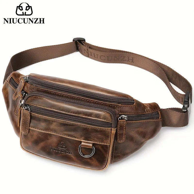 Men's Genuine Leather Multi-Pocket Waist Bag, Multifunctional Sports Shoulder Bag, Casual Top Layer Cowhide Waist Bag