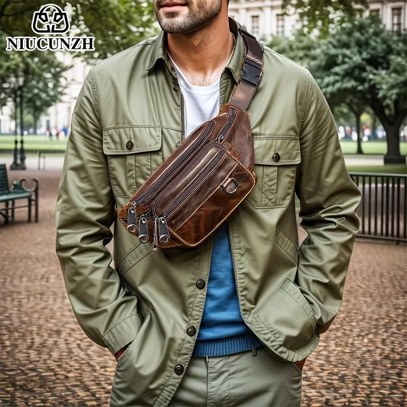 Men's Genuine Leather Multi-Pocket Waist Bag, Multifunctional Sports Shoulder Bag, Casual Top Layer Cowhide Waist Bag