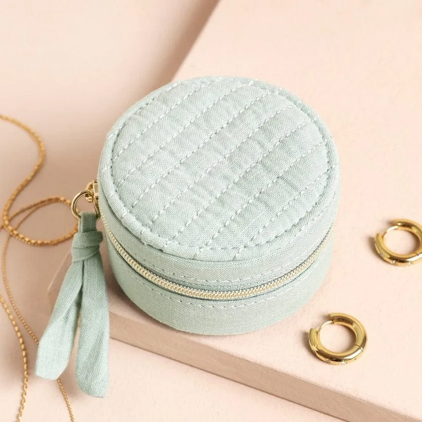 Mint Quilted Mini Round Travel Jewelry Case