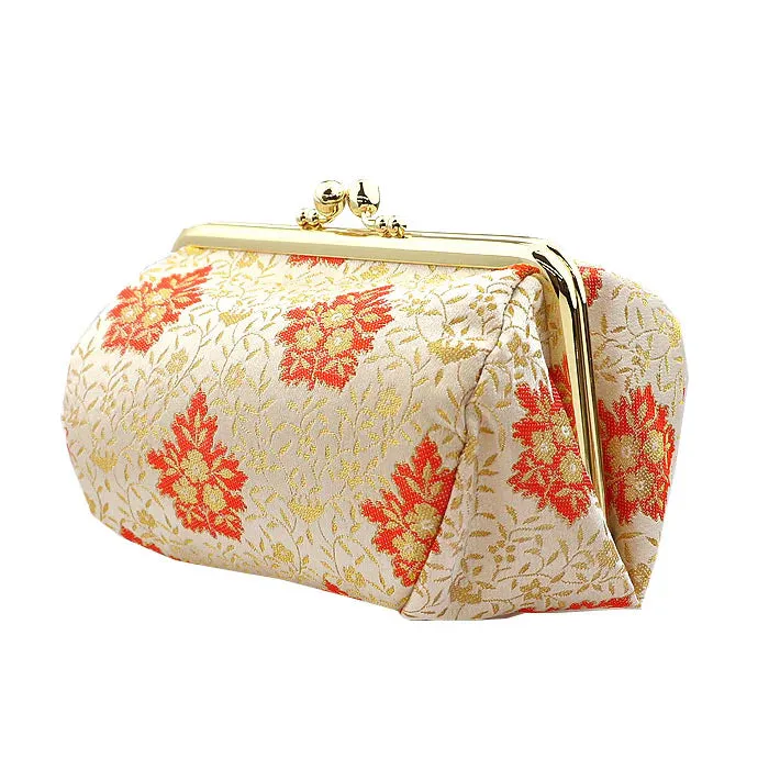 Nishijin-ori Small Pouch - Flower and Arabesque Pattern / White -, Made in Kyoto, Japan, Cosmetic Pouch, Makeup Pouch, Japanese Gamaguchi Pouch, Travel Toiletry Pouch, Stationery Pouch, Bag organizer, Bag in Bag