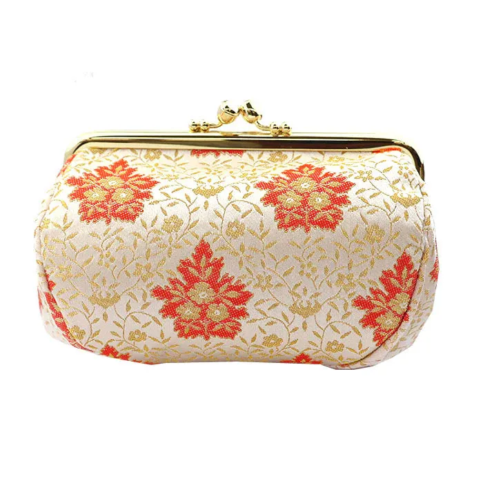 Nishijin-ori Small Pouch - Flower and Arabesque Pattern / White -, Made in Kyoto, Japan, Cosmetic Pouch, Makeup Pouch, Japanese Gamaguchi Pouch, Travel Toiletry Pouch, Stationery Pouch, Bag organizer, Bag in Bag