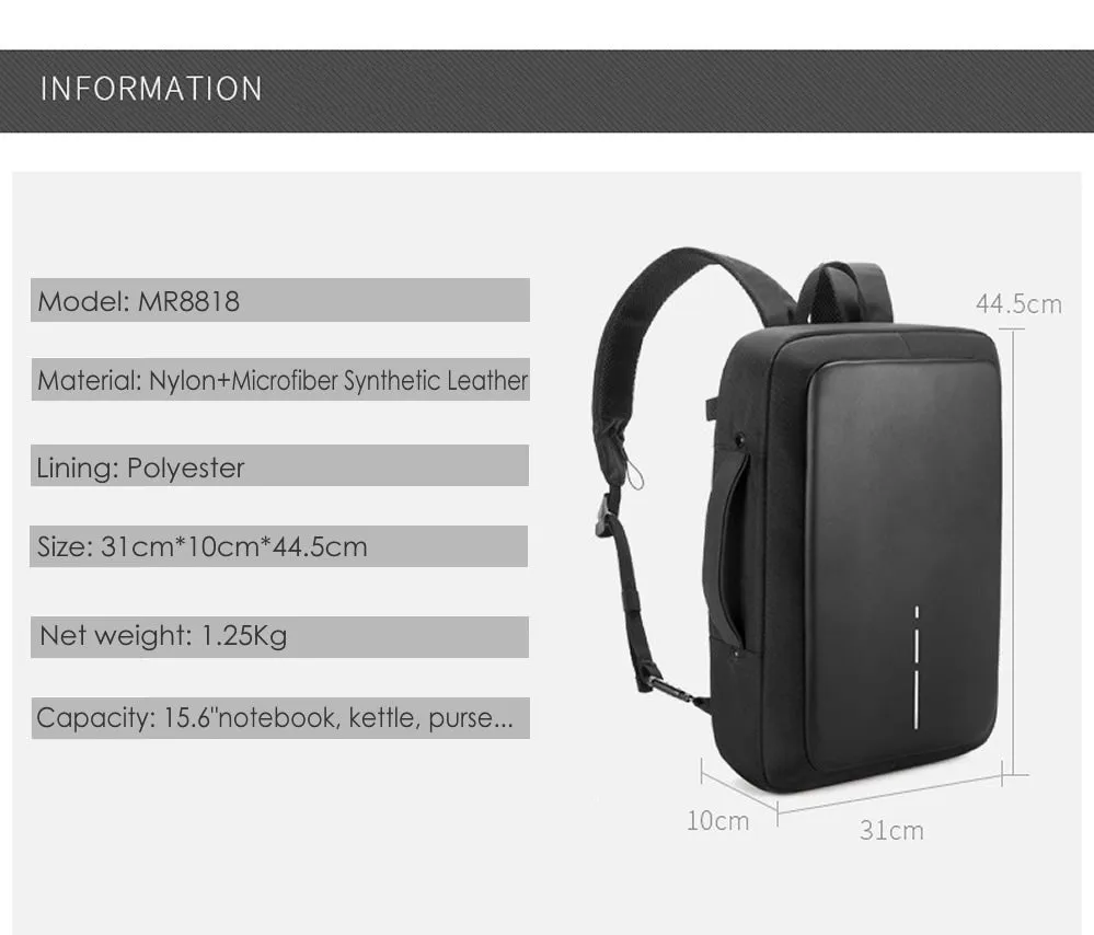 Office Waterproof Backpack/Briefcase With Password Lock,External USB For 15.6 inch Laptop