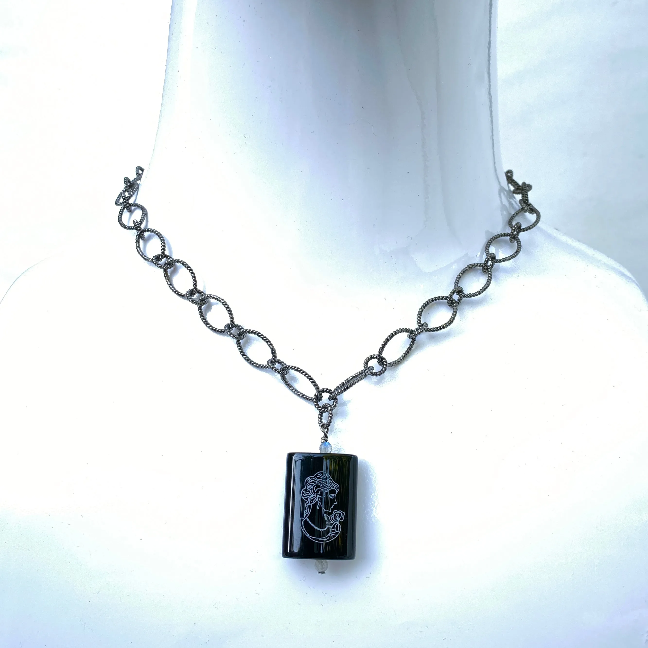 Oxidized Sterling Silver Chain with painted Onyx Cameo with Labradorite Gemstone Pendant necklace