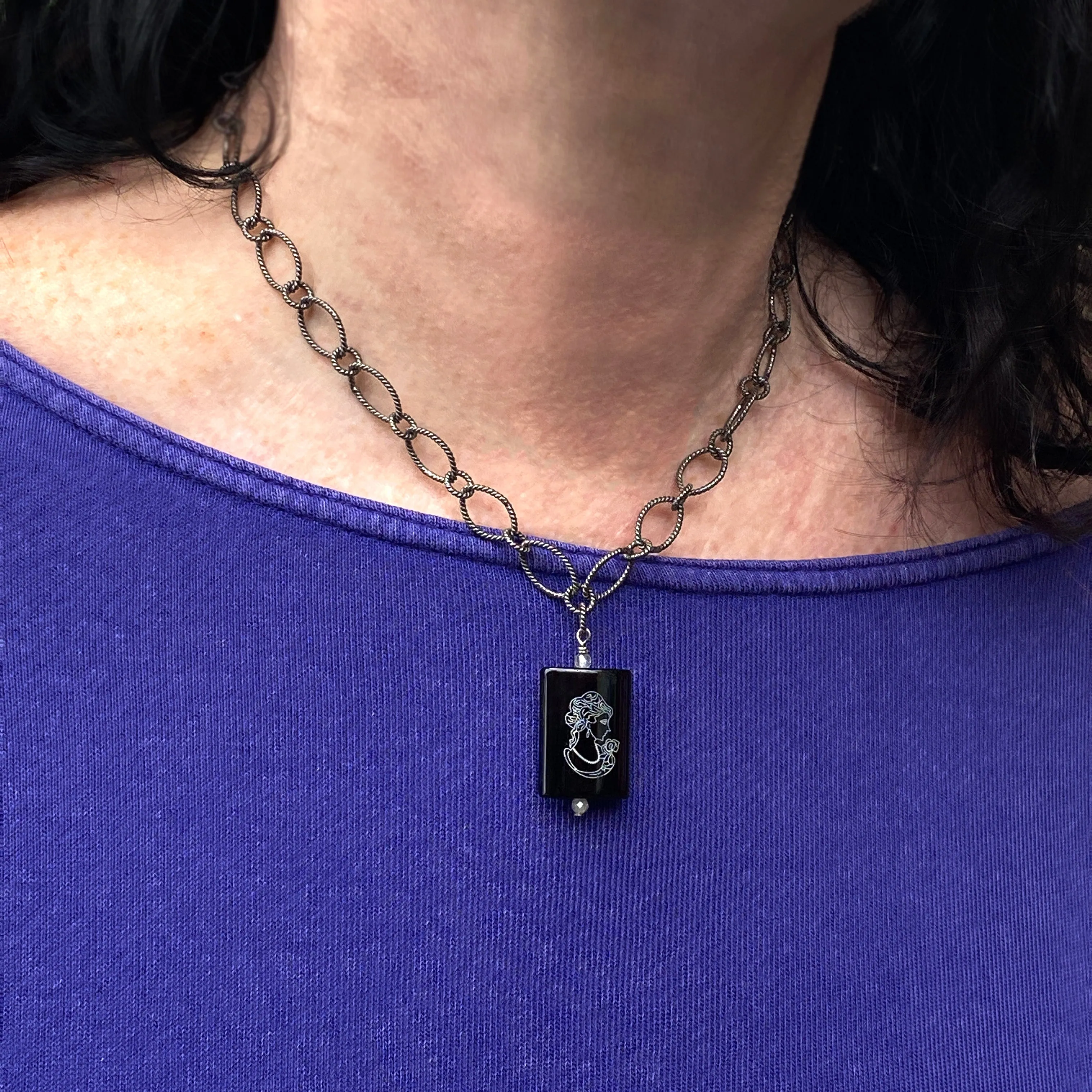 Oxidized Sterling Silver Chain with painted Onyx Cameo with Labradorite Gemstone Pendant necklace