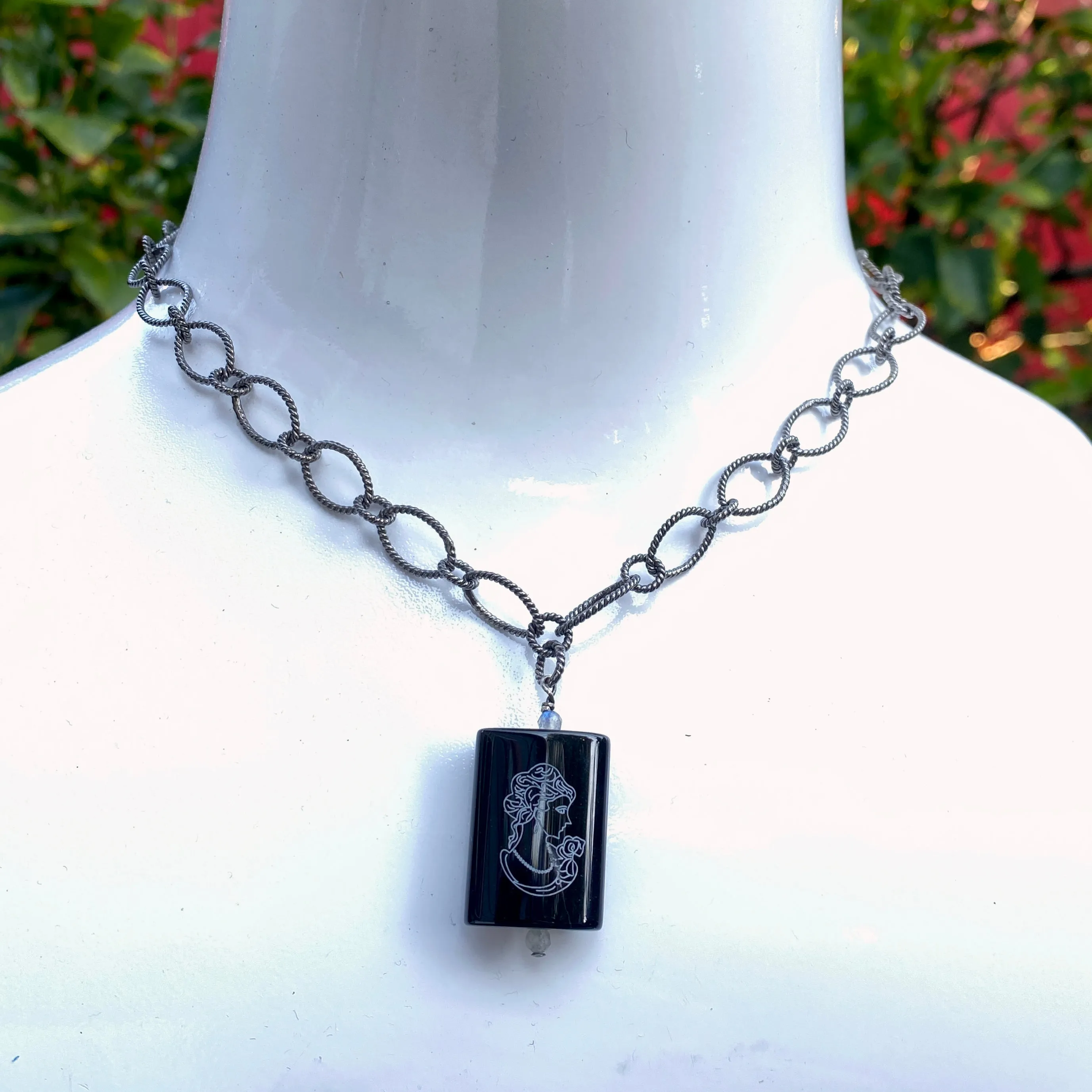 Oxidized Sterling Silver Chain with painted Onyx Cameo with Labradorite Gemstone Pendant necklace