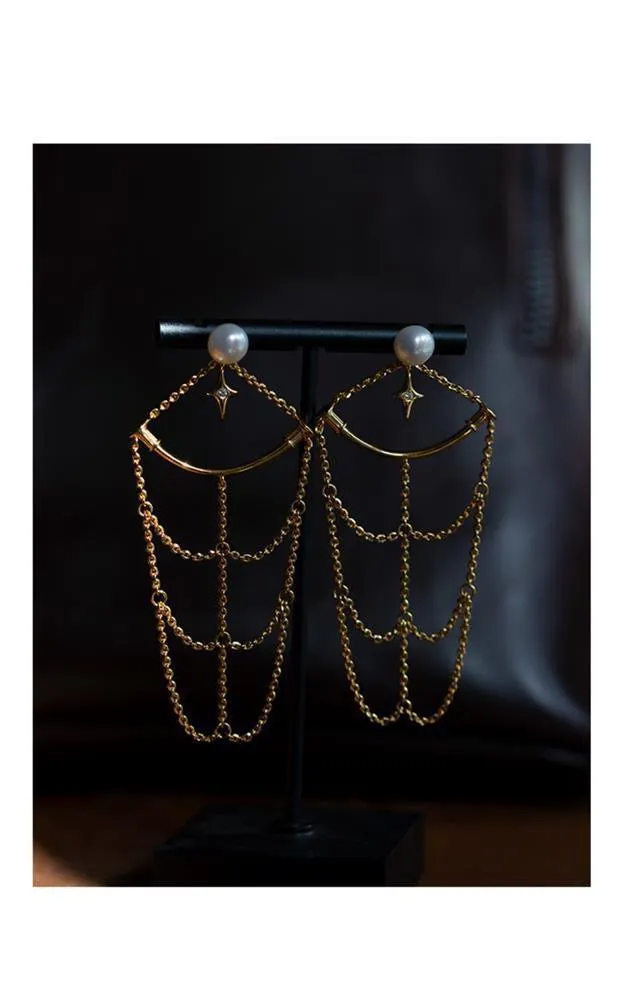 Pearl and Gold Chain Dangle Earrings