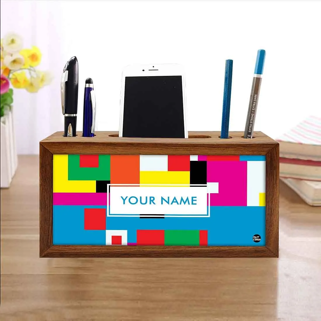 Personalized Wooden desk organizer tray - Blocks of Color