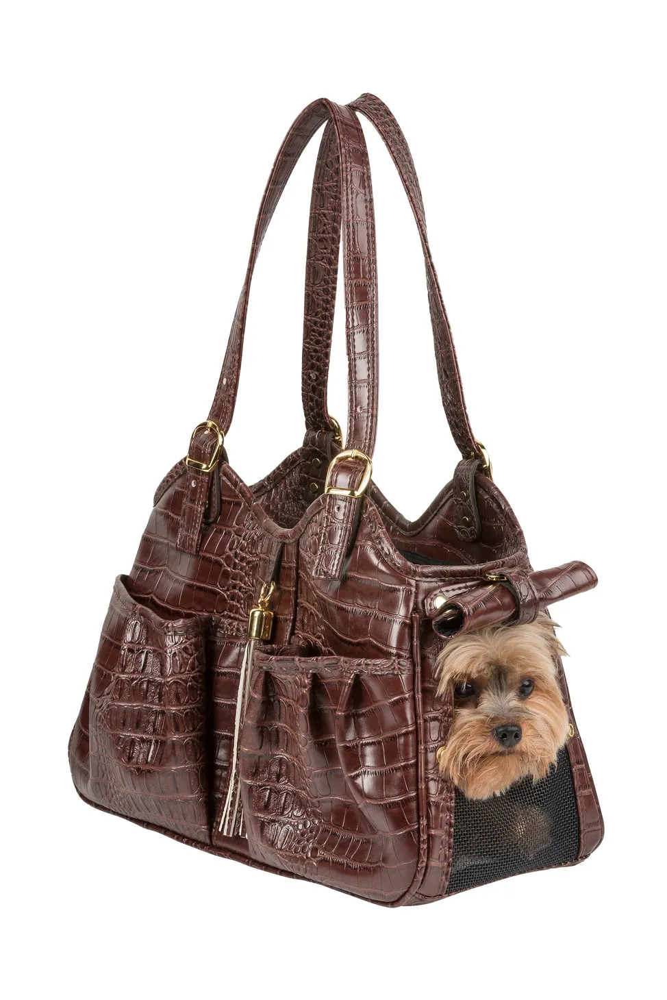 Petote Metro Dog Carrier - Brown Faux Croco With Tassel