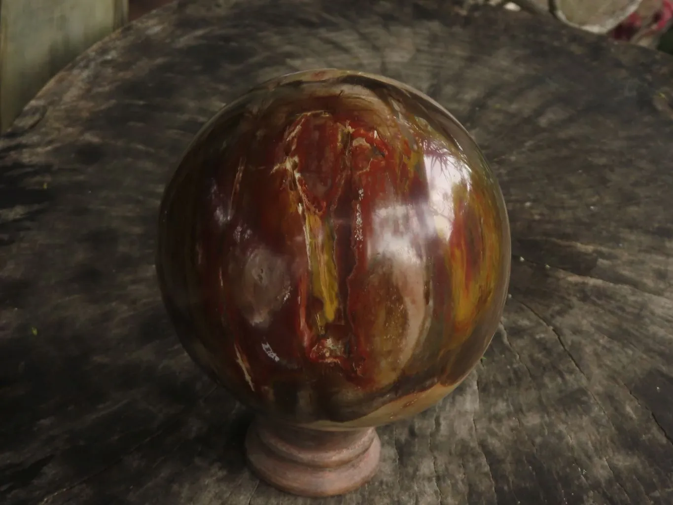 Polished Petrified Red Podocarpus Wood Spheres With Custom Rosewood Stands x 1 From Mahajanga, Madagascar