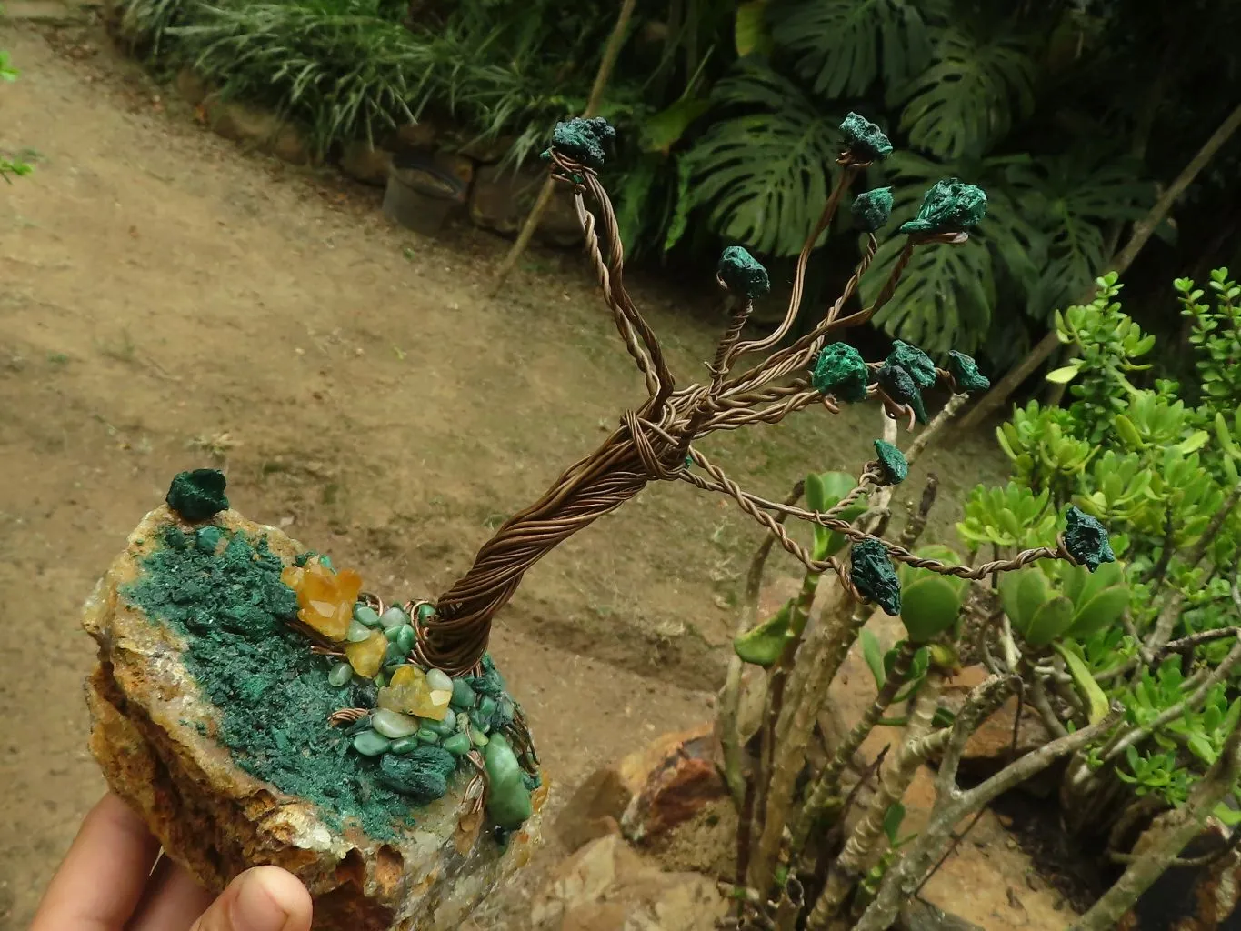 Polished Silky Malachite Gemstone Tree On Limonite Quartz Base With Aventurine x 1 From Southern Africa