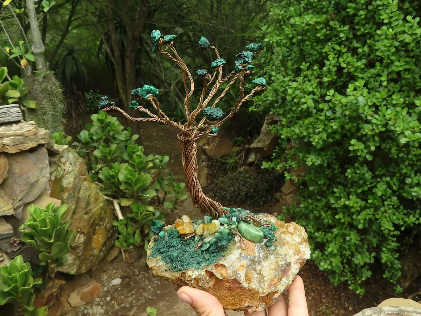 Polished Silky Malachite Gemstone Tree On Limonite Quartz Base With Aventurine x 1 From Southern Africa