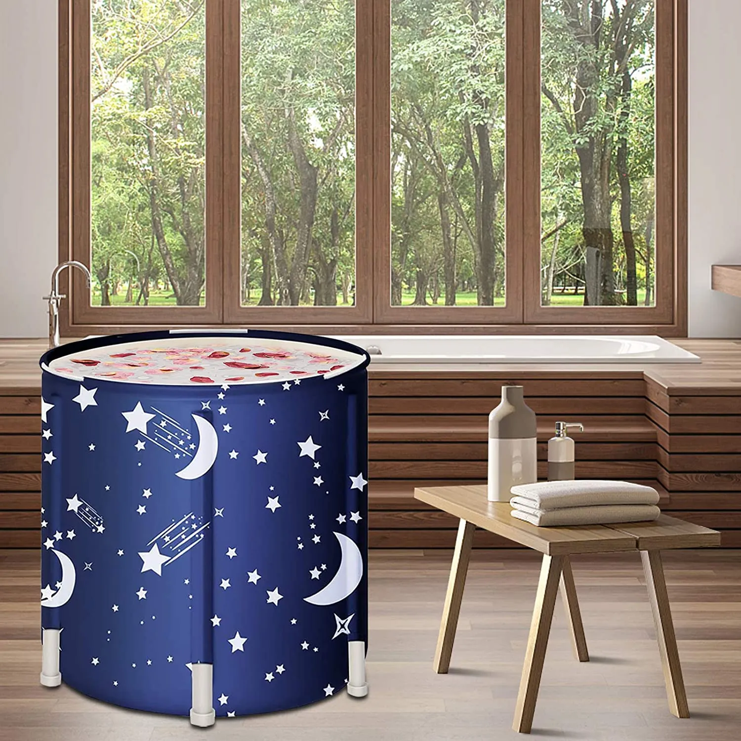 Portable Bathtub, Japanese Soaking Freestanding, Folding & Soaking Spa Bath Tub for Small Spaces, Starry Night Blue