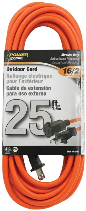 PowerZone OR481625 Outdoor Extension Cord, 16 AWG Wire, 25 ft L, Orange Sheath :EA: QUANTITY: 1