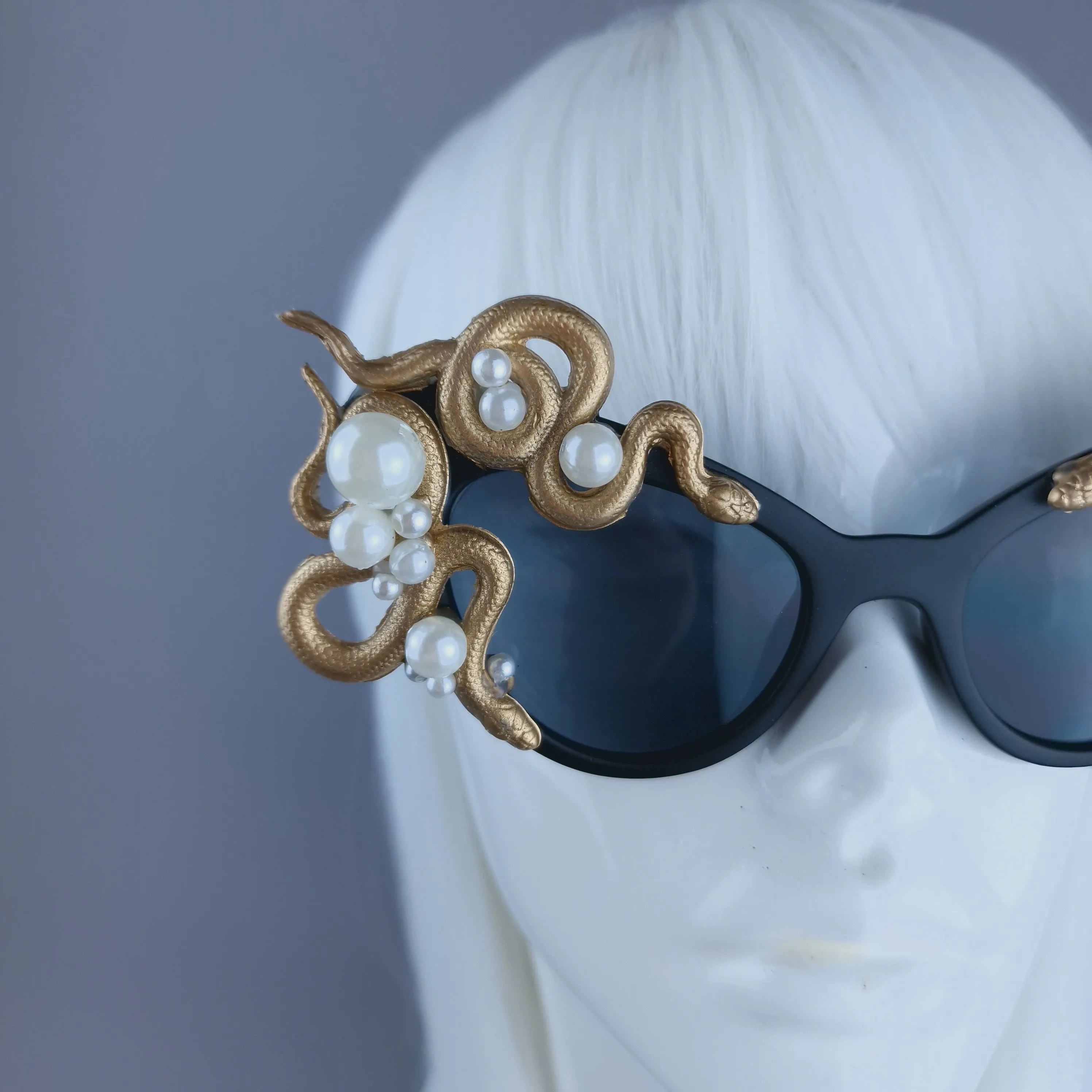 "Ethelinda" Gold & Pearl Snake Black Sunglasses