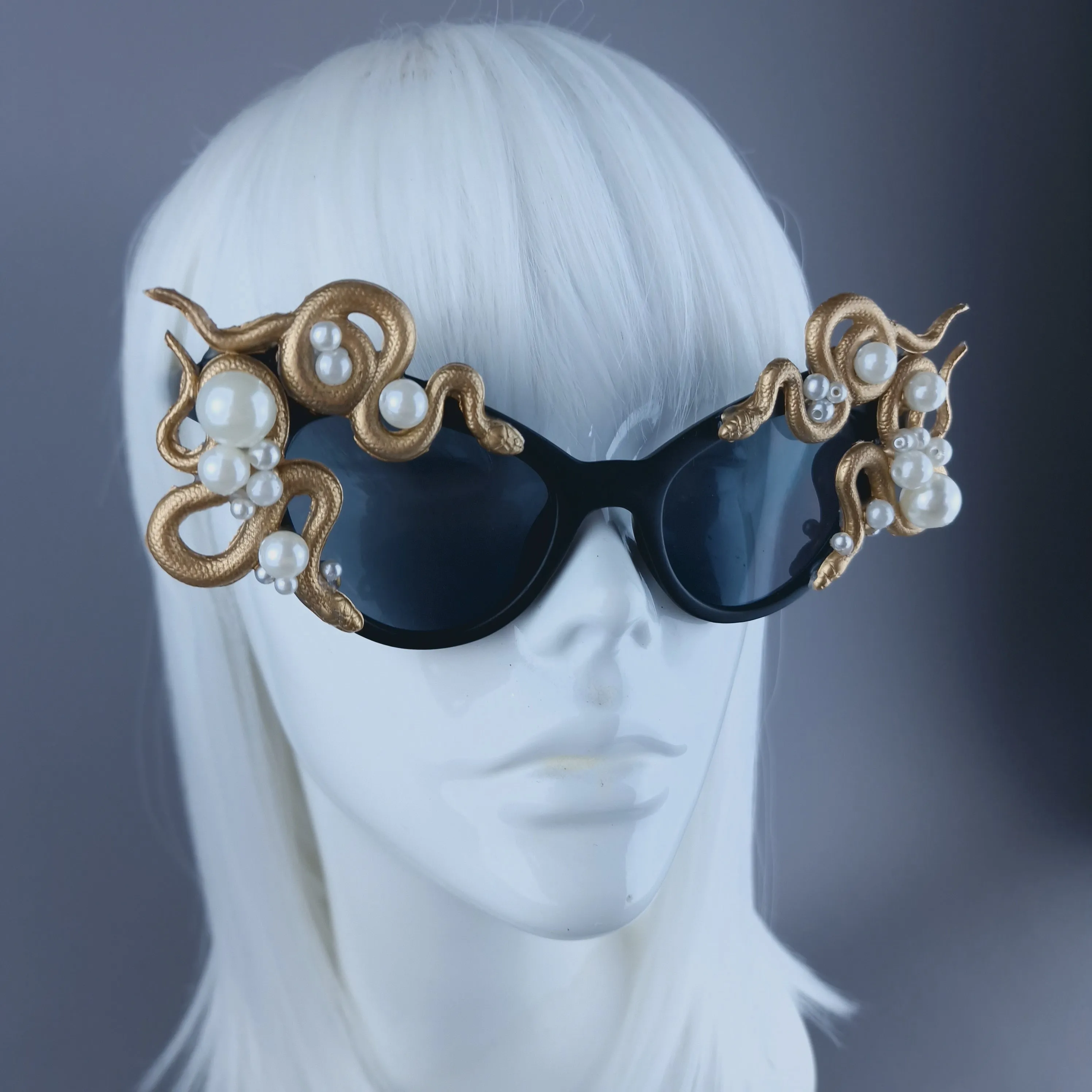 "Ethelinda" Gold & Pearl Snake Black Sunglasses