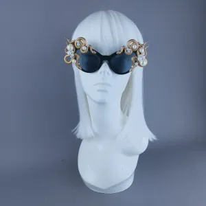 "Ethelinda" Gold & Pearl Snake Black Sunglasses