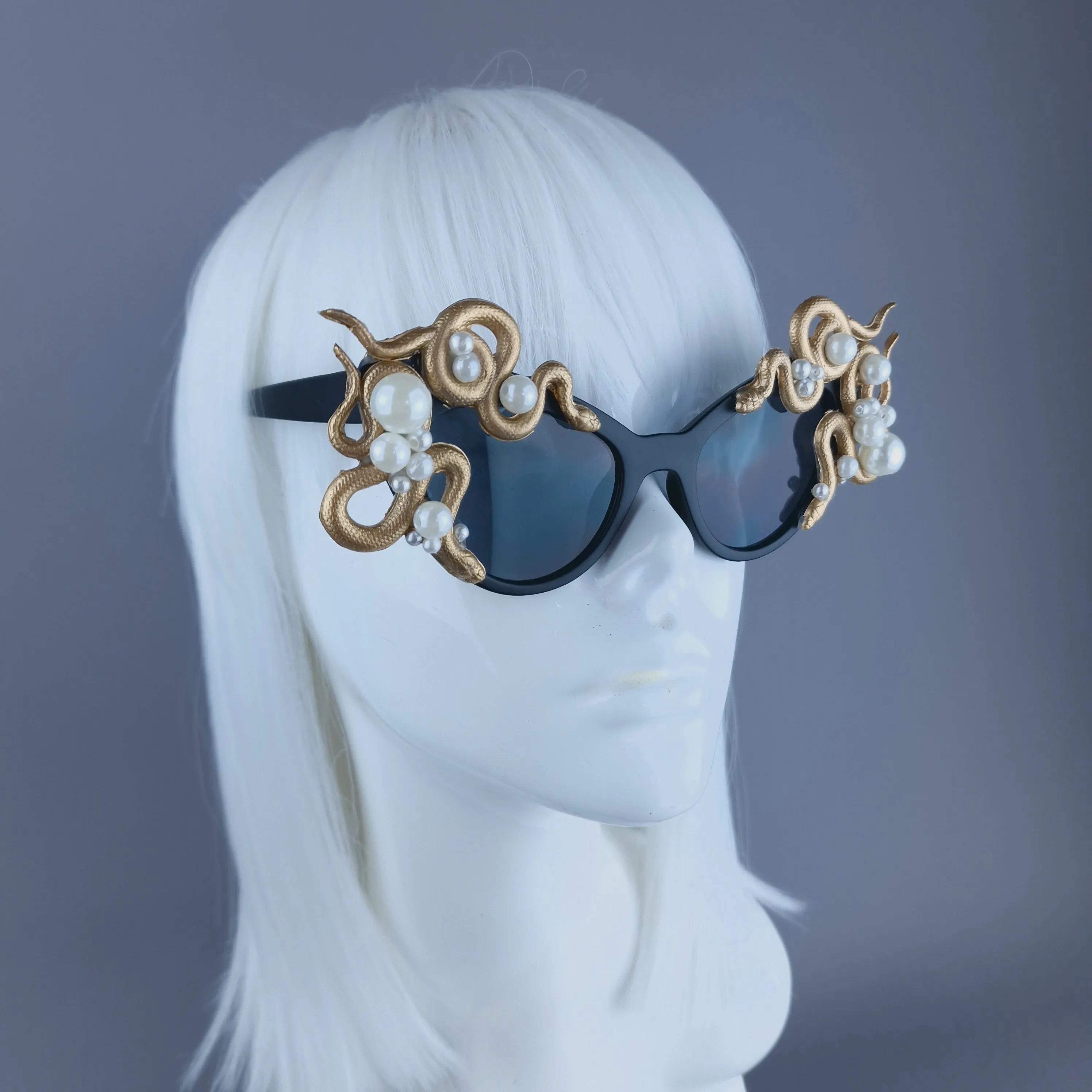 "Ethelinda" Gold & Pearl Snake Black Sunglasses