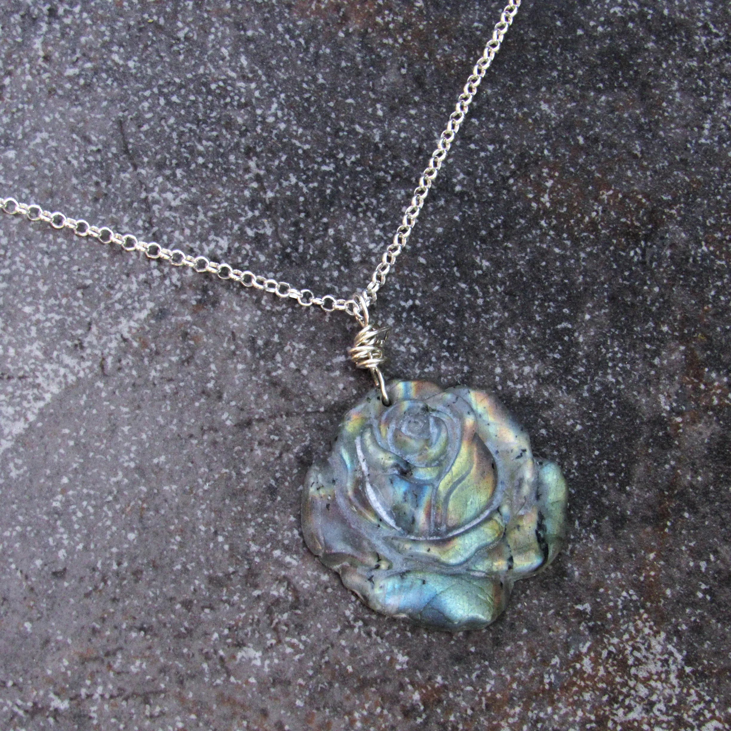 Rainbow Labradorite Carved Rose, Hand Wrapped w/ Sterling Silver on Sterling Silver Chain