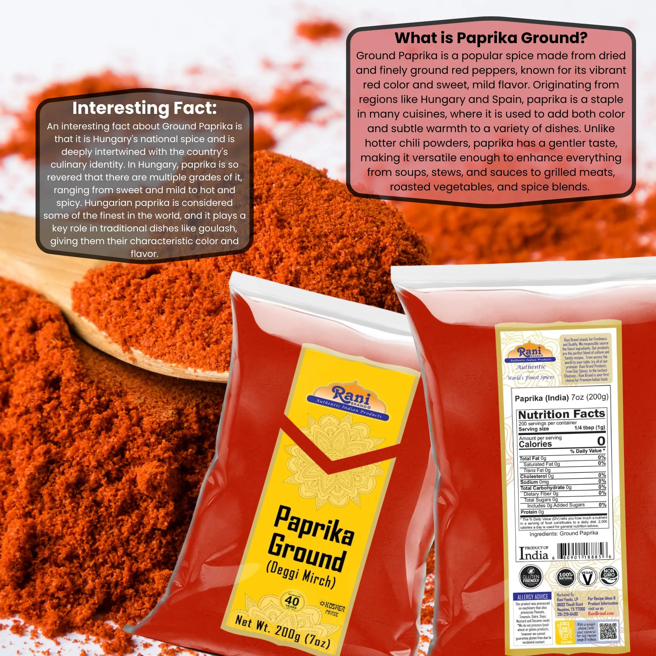 Rani Paprika (Deggi Mirch) Spice Powder, Ground 7oz (200g) ~ All Natural, Salt-Free | Vegan | No Colors | Gluten Friendly | NON-GMO | Kosher | Indian Origin