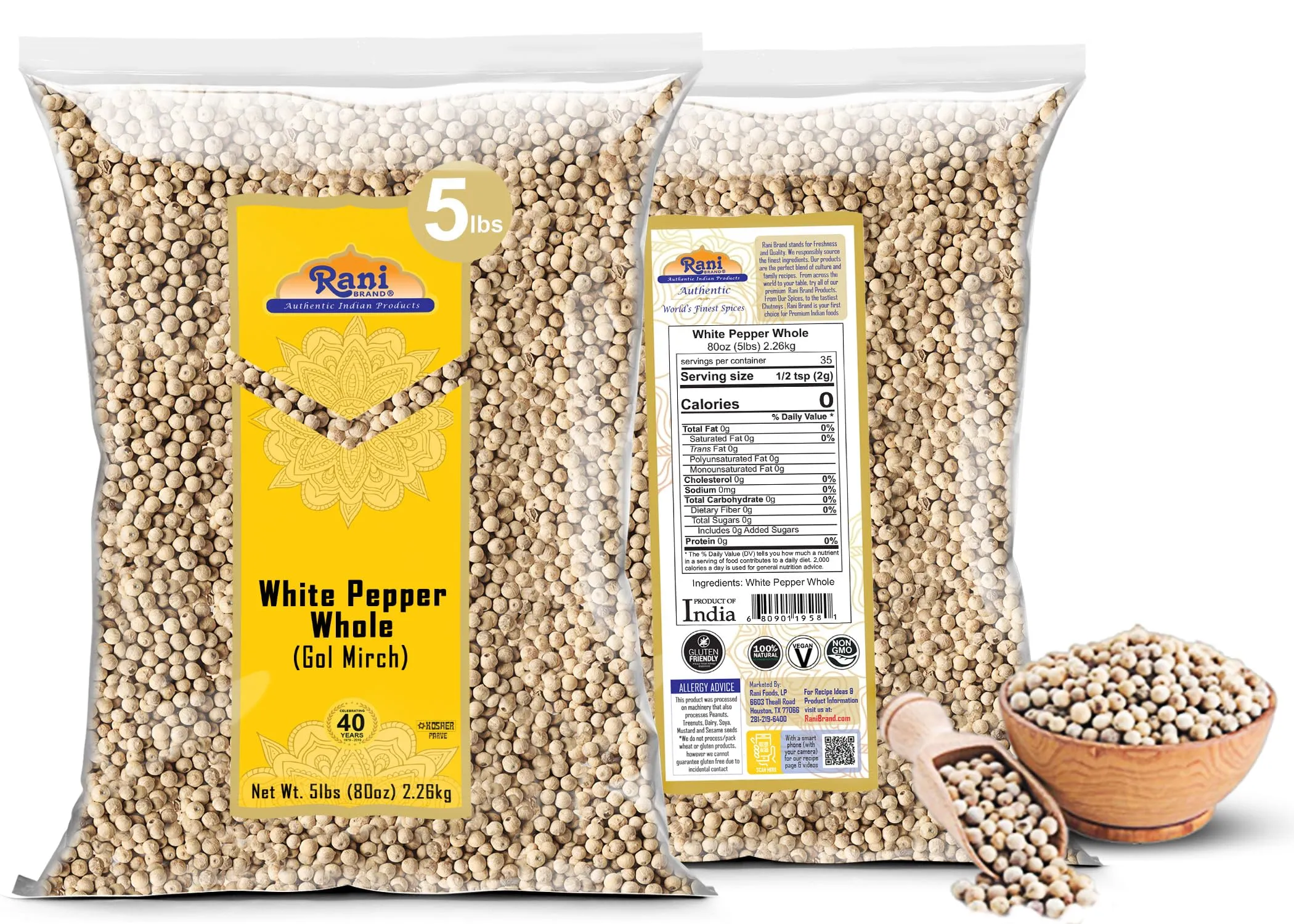 Rani White Pepper (Gol Mirch), Whole Spice 80oz (5lbs) 2.27kg Bulk ~ All Natural | Vegan | Gluten Friendly| NON-GMO | Indian Origin