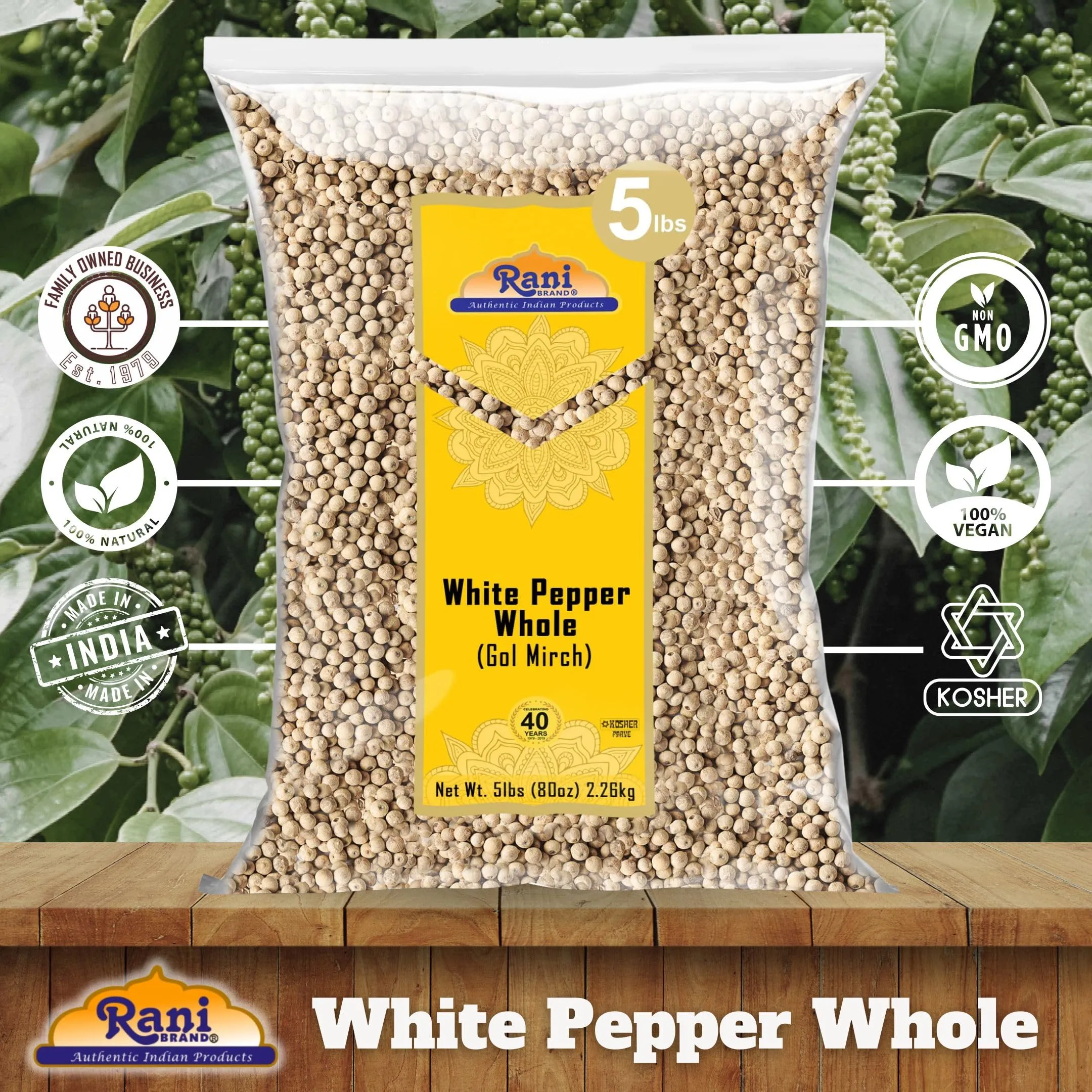 Rani White Pepper (Gol Mirch), Whole Spice 80oz (5lbs) 2.27kg Bulk ~ All Natural | Vegan | Gluten Friendly| NON-GMO | Indian Origin