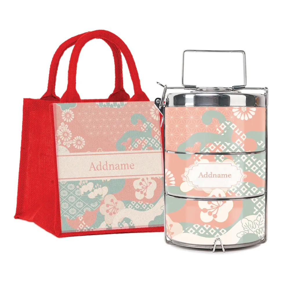 Rosy Cherry Blossom Oriental Series 3-Tier Premium Medium 13.5cm Tiffin Carrier [FREE Custom Add Name]