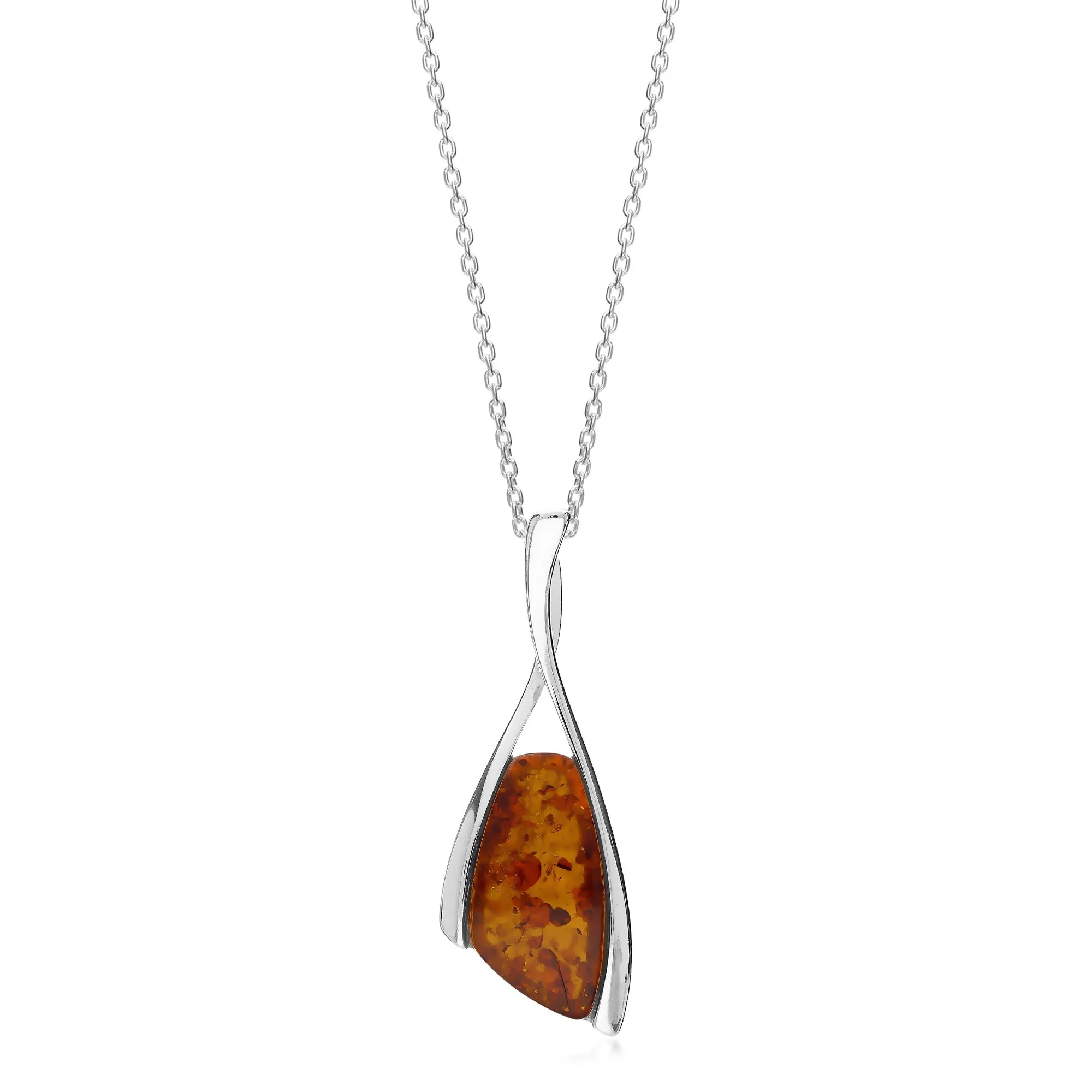 Sterling Silver Large Elegant Twist Amber Pendant