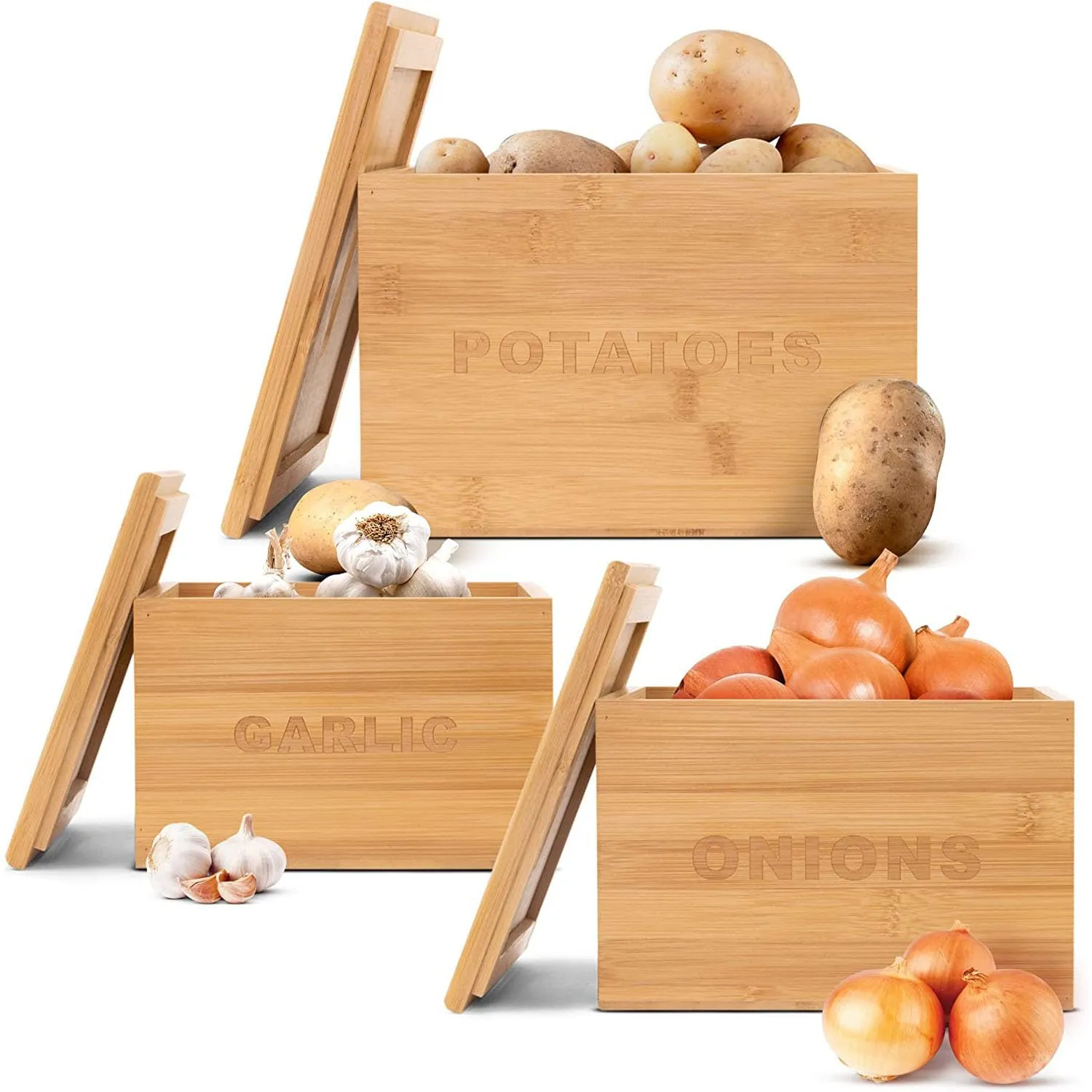 UMAI Bamboo Potato, Onion, Garlic Storage Container|Vegetable Basket for Kitchen|Kitchen Organizer Items & Storage|Storage Organizer|Storage Box|Set of 3 (16.5X11cm, 20X12.7cm & 23X15cm)