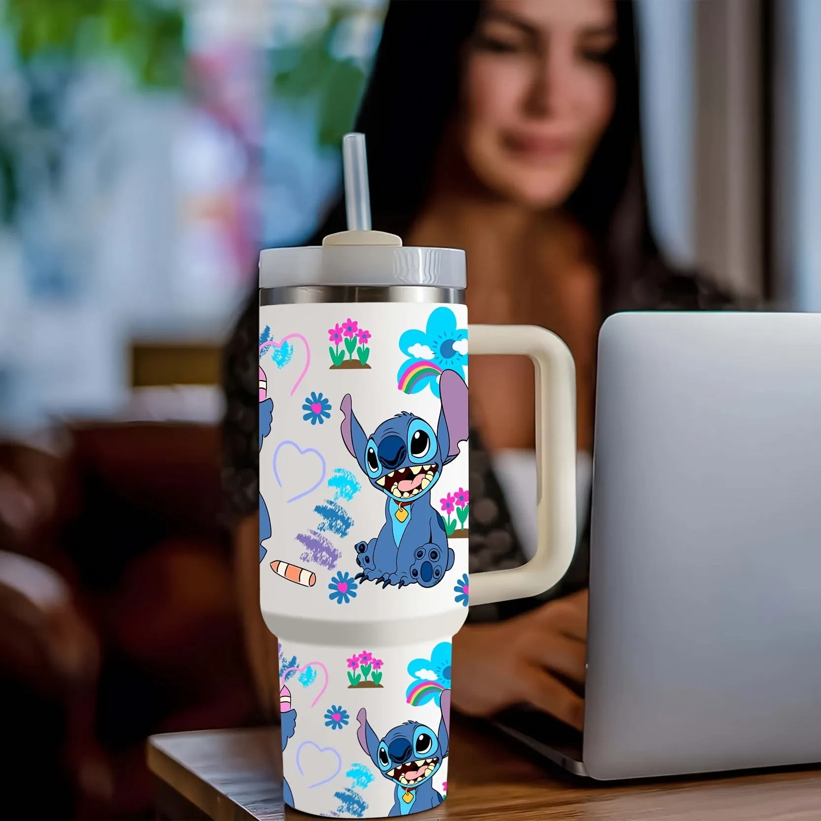 UME 40oz Stainless Steel Water Bottle with Handle, Lilo & Stitch Printed Design, Insulated Tumbler with Straw, BPA-Free, Hand Wash Only, Round Shape, Ideal Christmas Gift for Family and Friends