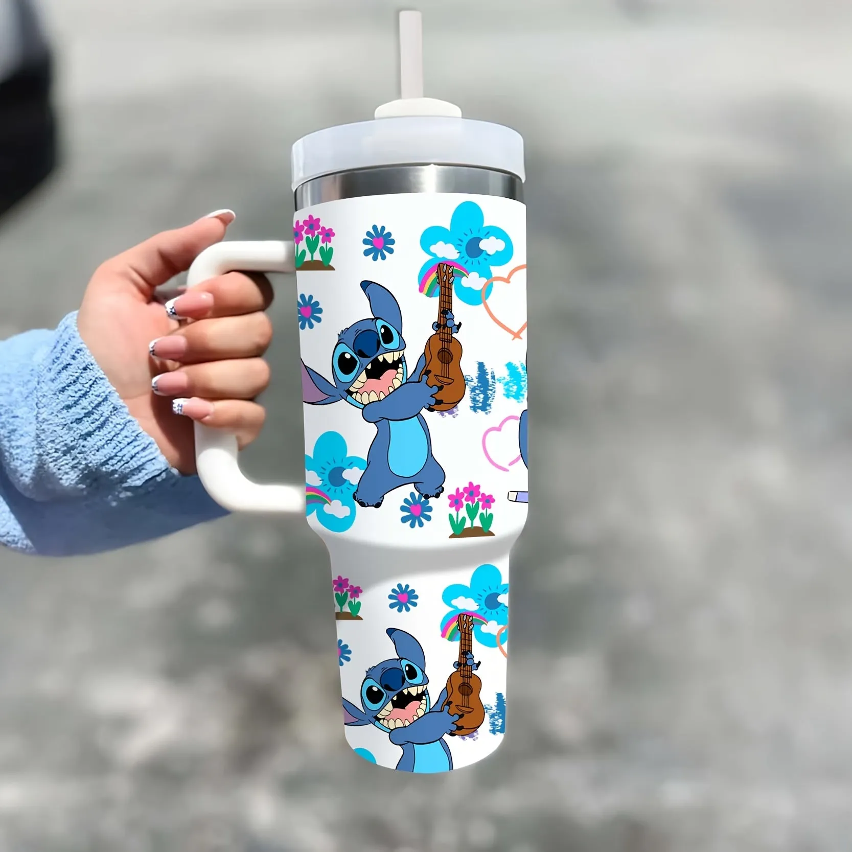 UME 40oz Stainless Steel Water Bottle with Handle, Lilo & Stitch Printed Design, Insulated Tumbler with Straw, BPA-Free, Hand Wash Only, Round Shape, Ideal Christmas Gift for Family and Friends