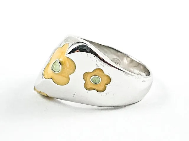 Unique Geometric Shape Form Shiny Metallic With Yellow Flower Enamel Design Elements Silver Ring