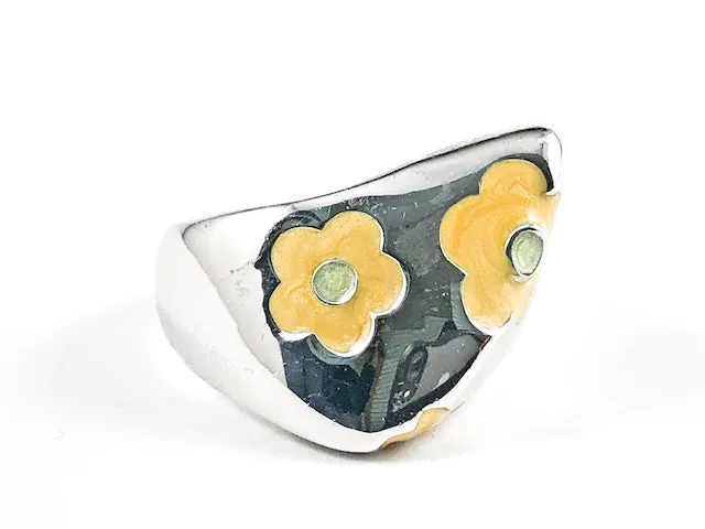 Unique Geometric Shape Form Shiny Metallic With Yellow Flower Enamel Design Elements Silver Ring