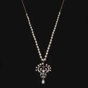 VICTORIAN SALTWATER PEARL OLD CUT DIAMOND NECKLACE ANTIQUE PENDANT GOLD PLATINUM