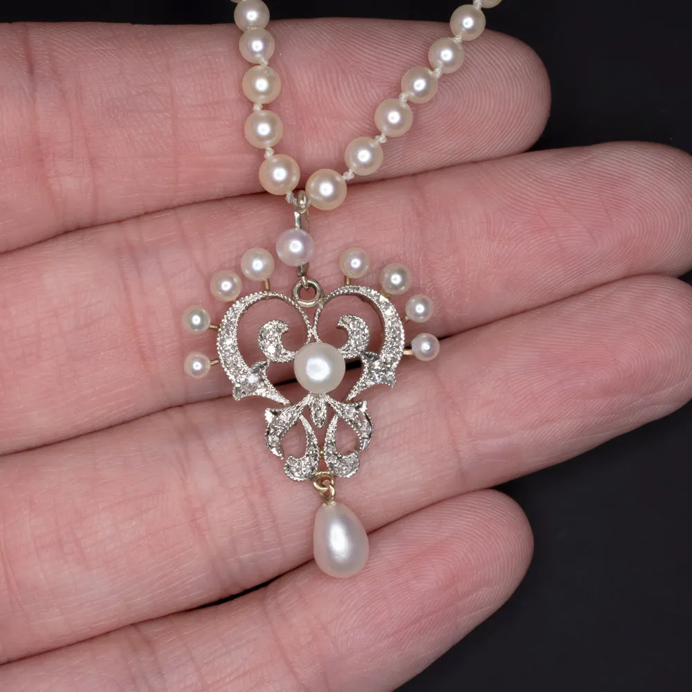 VICTORIAN SALTWATER PEARL OLD CUT DIAMOND NECKLACE ANTIQUE PENDANT GOLD PLATINUM